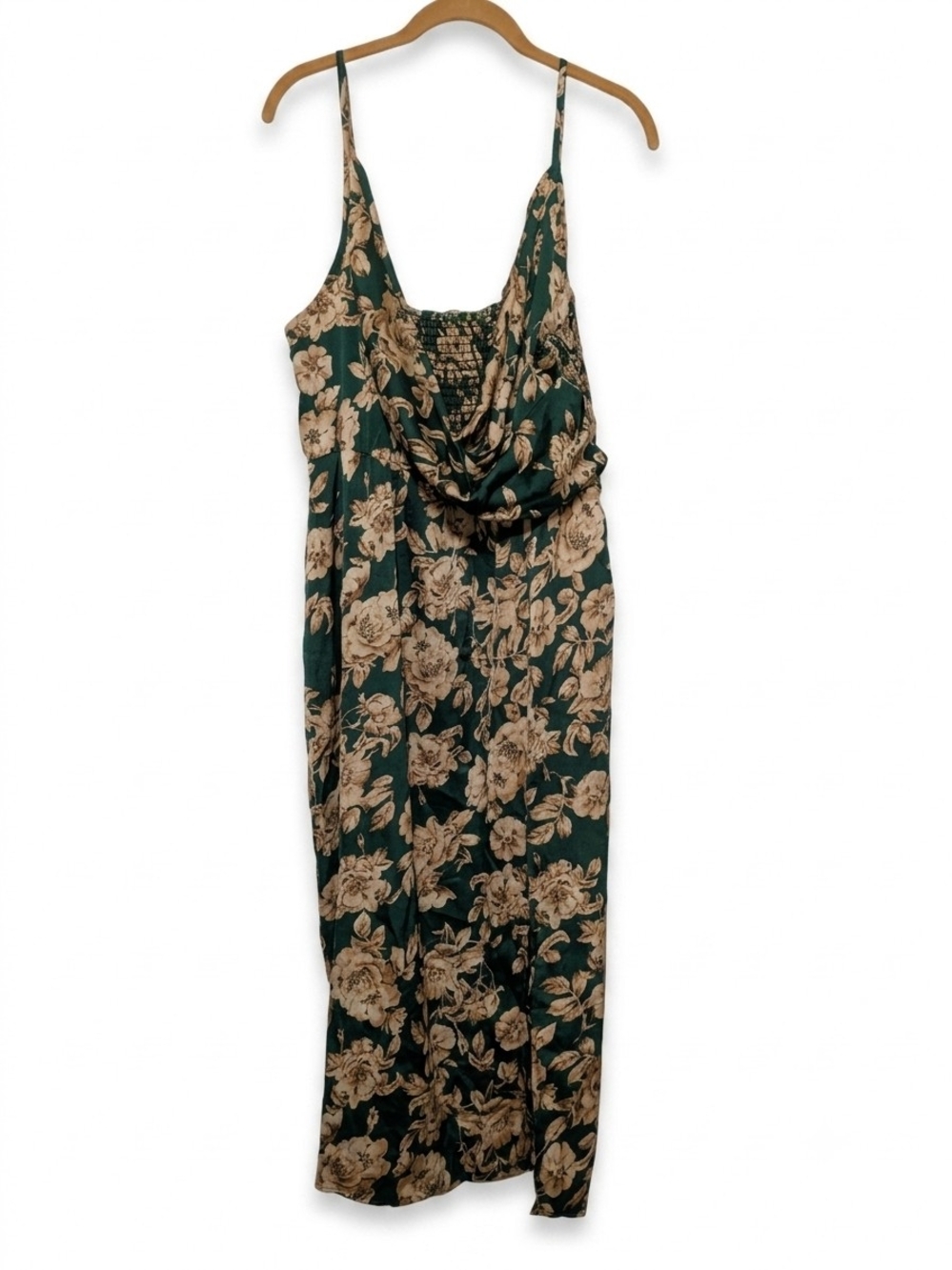 Floral Satin Midi Slip Dress 2XL Forest Green Smocked Slit Whimsigoth Date Night